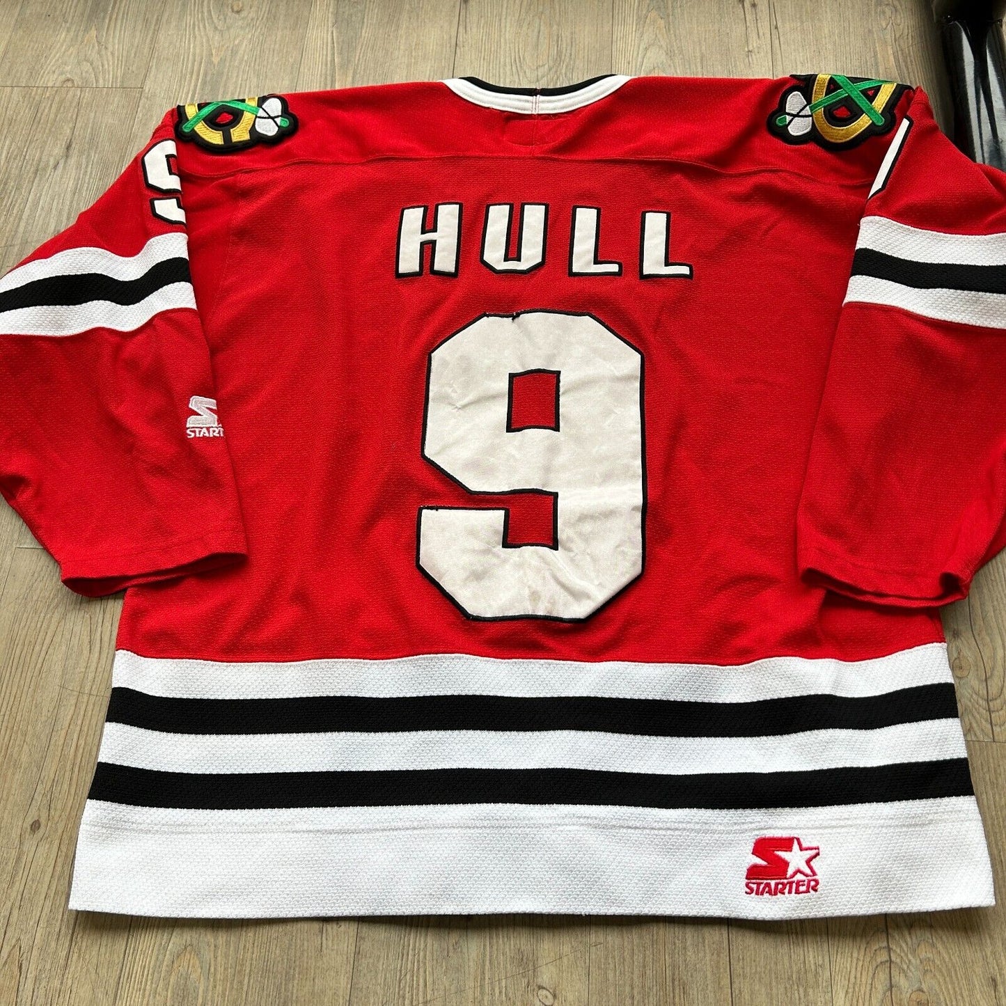 VINTAGE 90s | NHL Chicago Blackhawks #9 Hull STARTER Hockey Jersey sz XL Adult