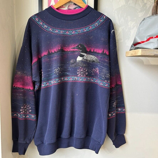 VINTAGE 90s | Loons Midnight All Over Nature Print Artisans Sweater sz L