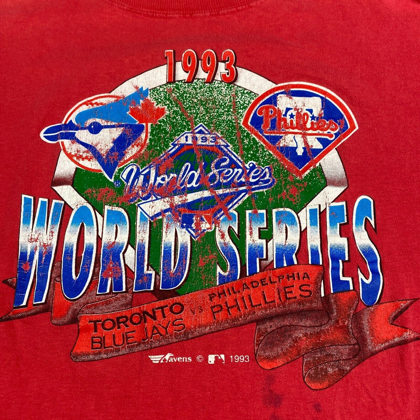 VINTAGE 1993 World Series Blue Jays MLB Baseball Red T-Shirt sz Large Men Adult