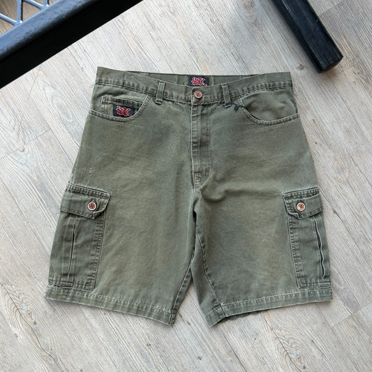 VINTAGE 90s | Think Skateboards Faded Green Cargo Shorts sz W34