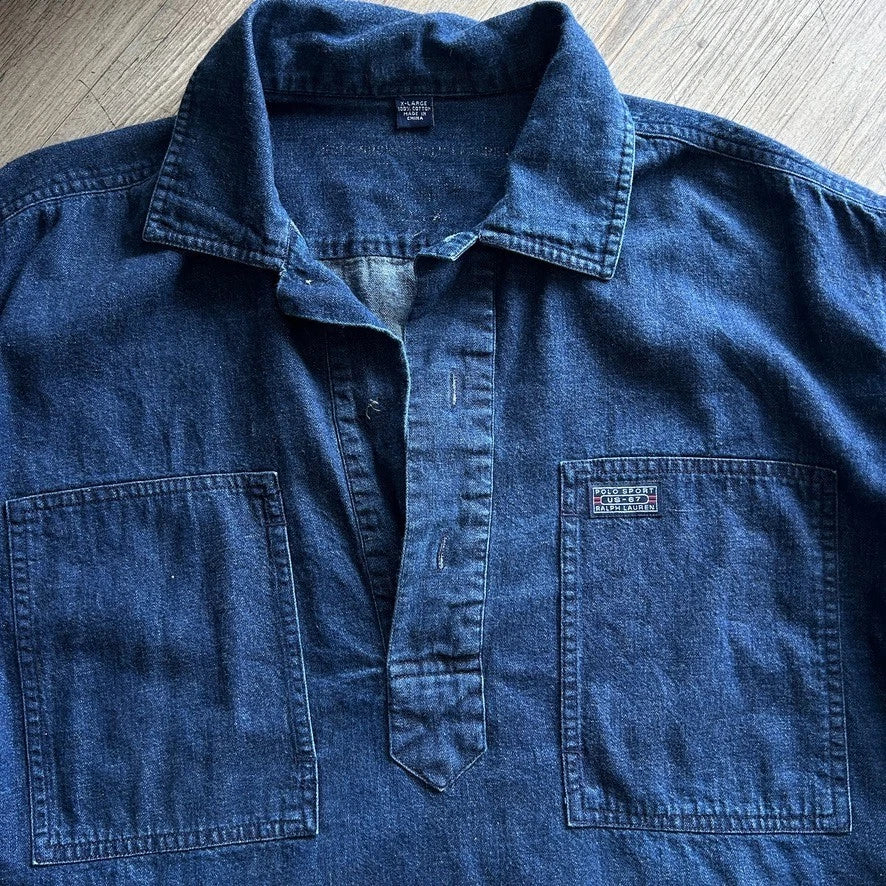 VINTAGE | Polo Sport Ralph Lauren Denim 1/4 Button Down Shirt sz XL