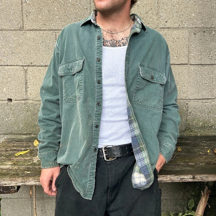 VINTAGE 1990s | L.L Bean Faded Clay Green Plaid Lined Button Down Shirt sz L/XL