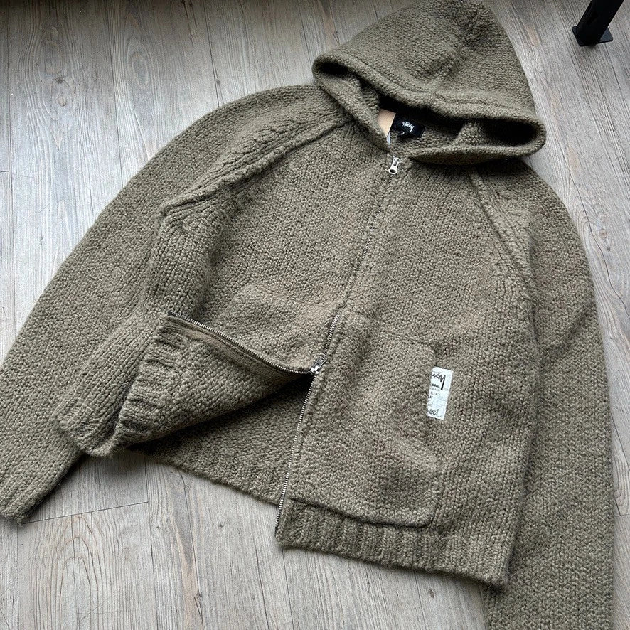 STUSSY | Fossil Green Hooded Alpaca Wool Full Zip Chunky Knit Sweater sz L NWT