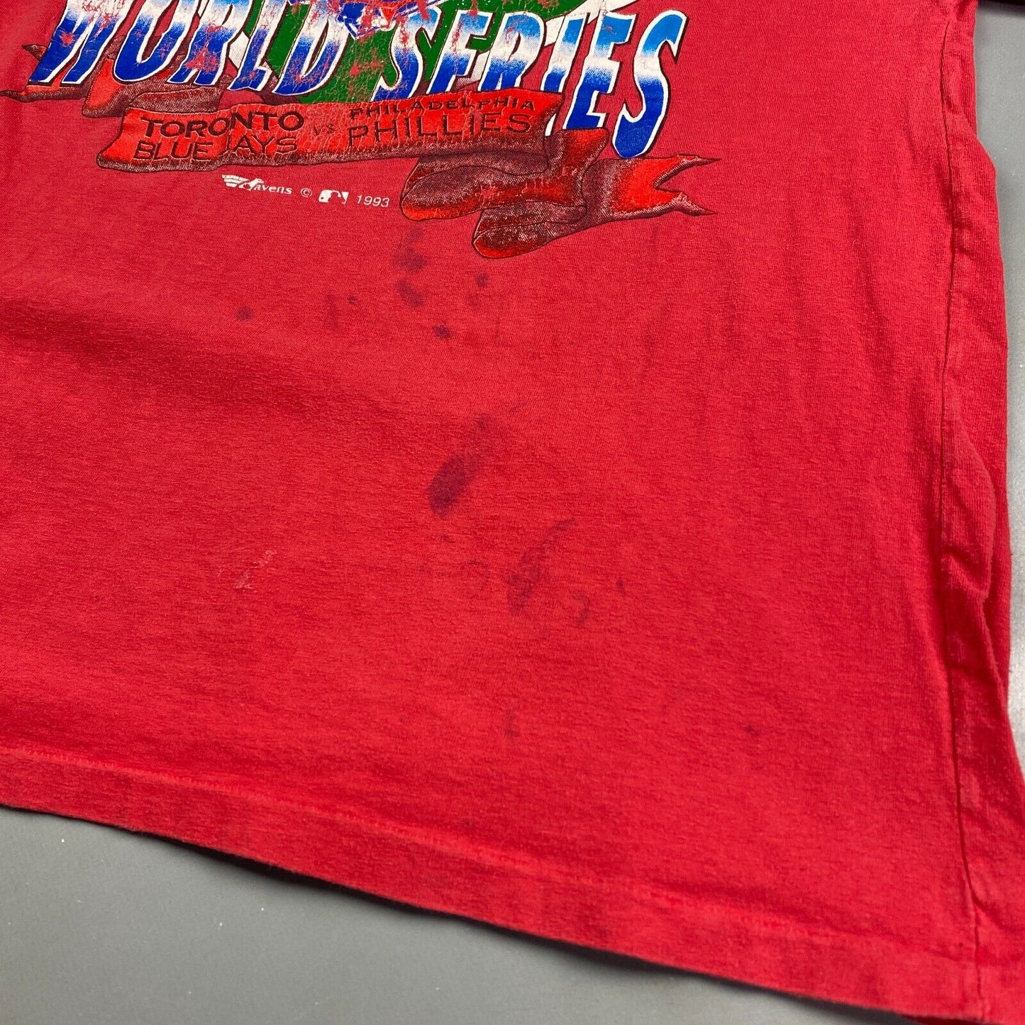 VINTAGE 1993 World Series Blue Jays MLB Baseball Red T-Shirt sz Large Men Adult