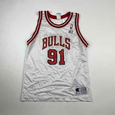 VINTAGE 90s Champion Chicago Bulls #91 Rodman Basketball Jersey sz L 14-16 Youth