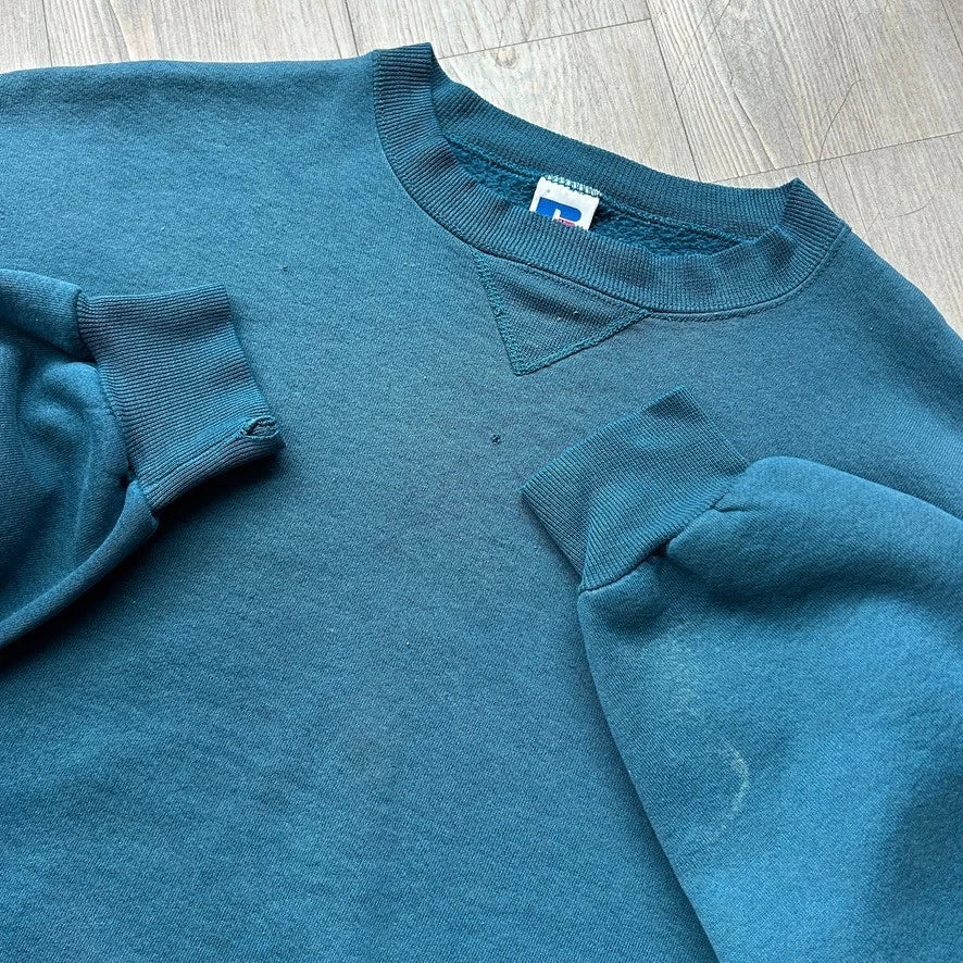 VINTAGE 90s | Russell Athletic Faded Blank Teal Blue Crewneck Sweater sz L
