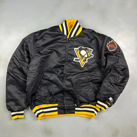 VINTAGE 80s | Pittsburgh Penguins NHL Starter Nylon Bomber Jacket sz L Adult