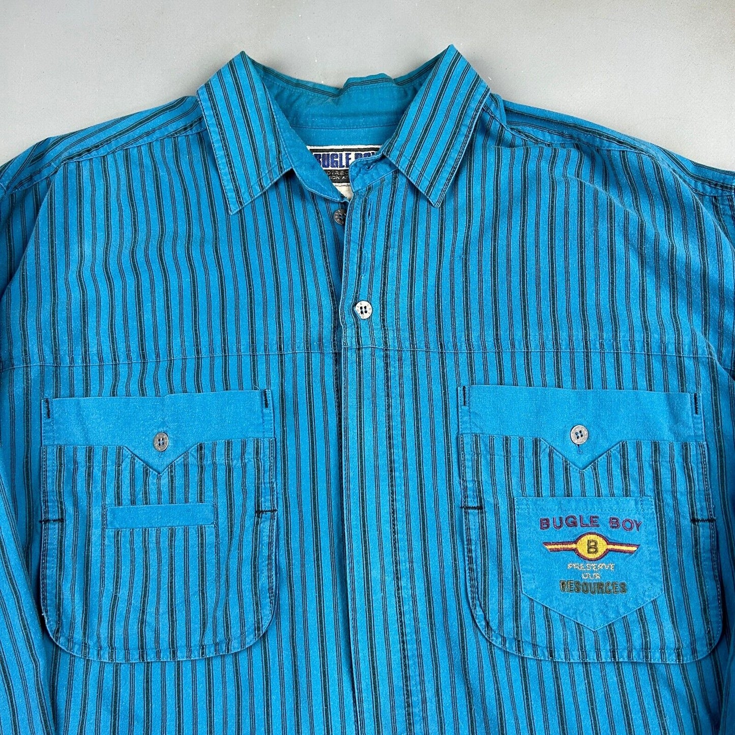 VINTAGE 90s Bugle Boy Preserve Our Resources Striped Button Up Shirt sz M Adult