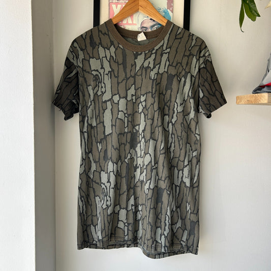 VINTAGE 80s 90s | Tree Bark Camouflage Contrast Ringer T-shirt sz S/M