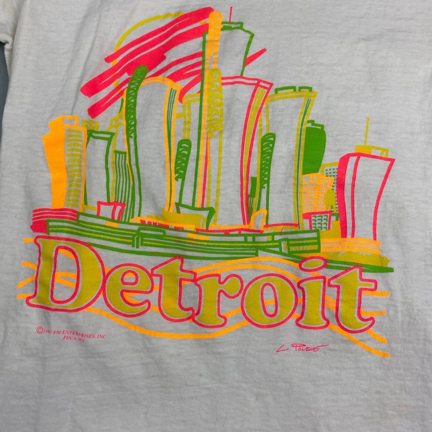 VINTAGE 90s Detroit Illustration White T-Shirt sz Small Men Adult