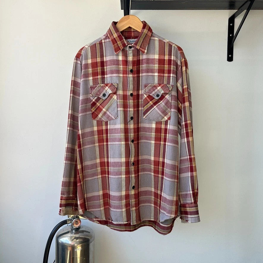 ALASKAN | 1960s - 70s Plaid Flannel Vintage Cotton Button Down Shirt sz L