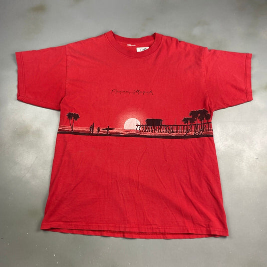 VINTAGE 90s Ocean Beach California Wrap Surf Print Red T-Shirt sz Large Adult
