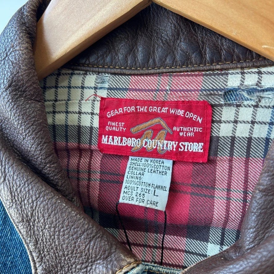 VINTAGE 90s | Marlboro Country Store Sun Faded Denim Trucker Jacket sz L