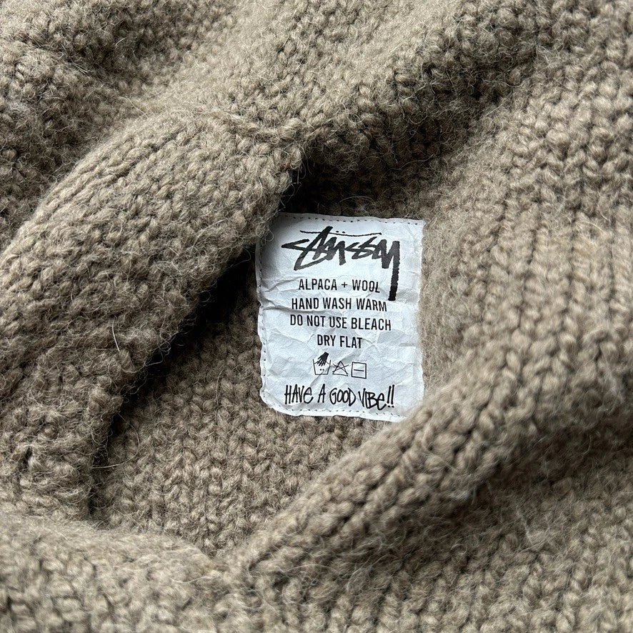 STUSSY | Fossil Green Hooded Alpaca Wool Full Zip Chunky Knit Sweater sz L NWT