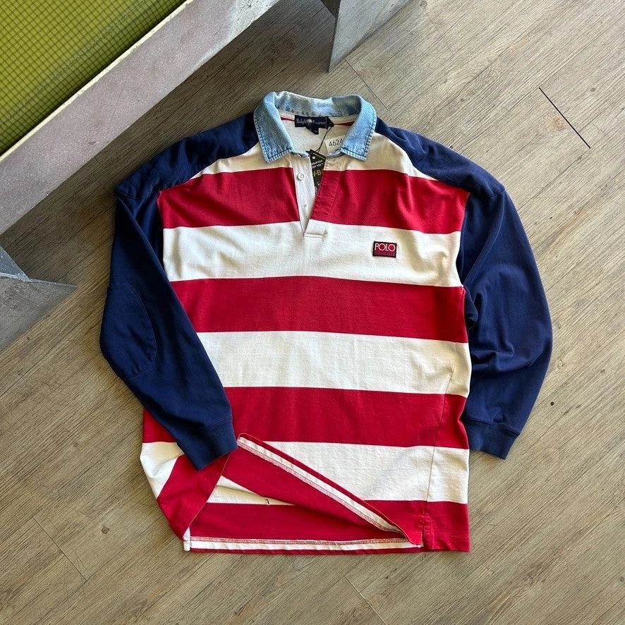 VINTAGE 90s | Ralph Lauren USA Flag Hi-Tech Striped Rugby Polo Sport Shirt sz L