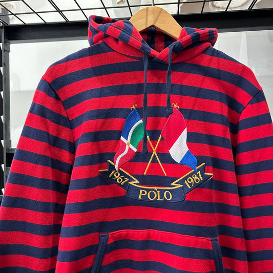 POLO Ralph Lauren Cross Flags Striped Hoodie Sweater sz M