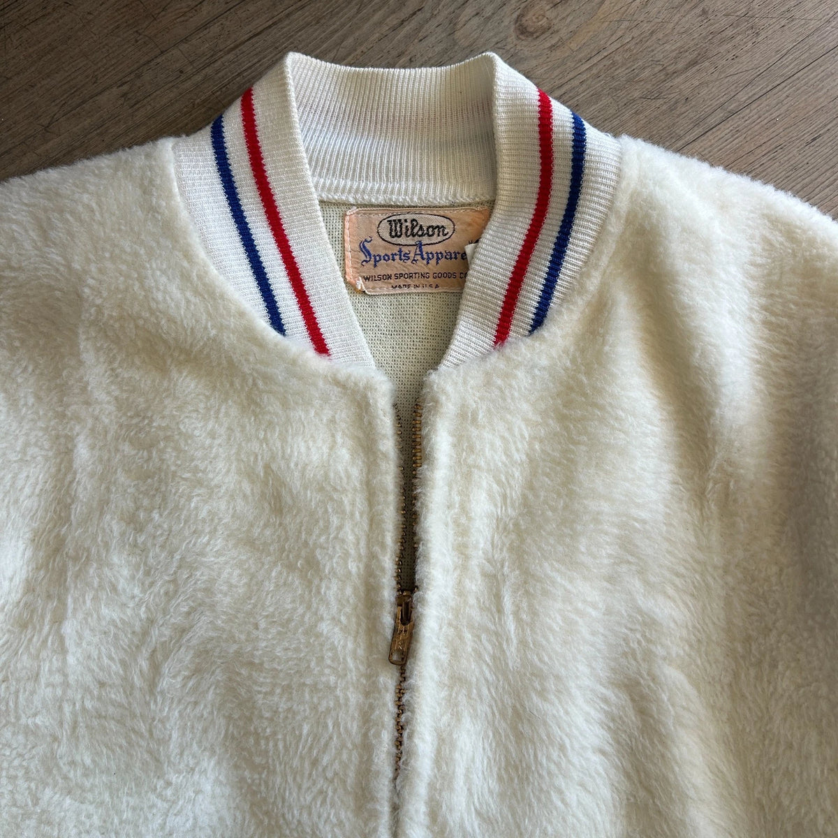VINTAGE 1960s | Wilson Sports Apparel Cream Fleece Varsity Bomber Jacket sz 40 L