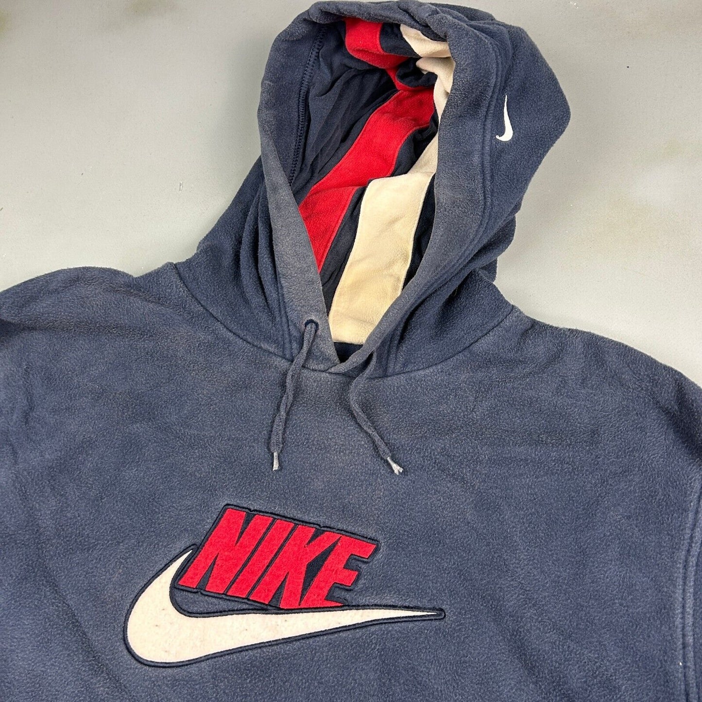 VINTAGE NIKE Embroidered Logo Striped Fleece Hoodie Sweater sz XL Adult