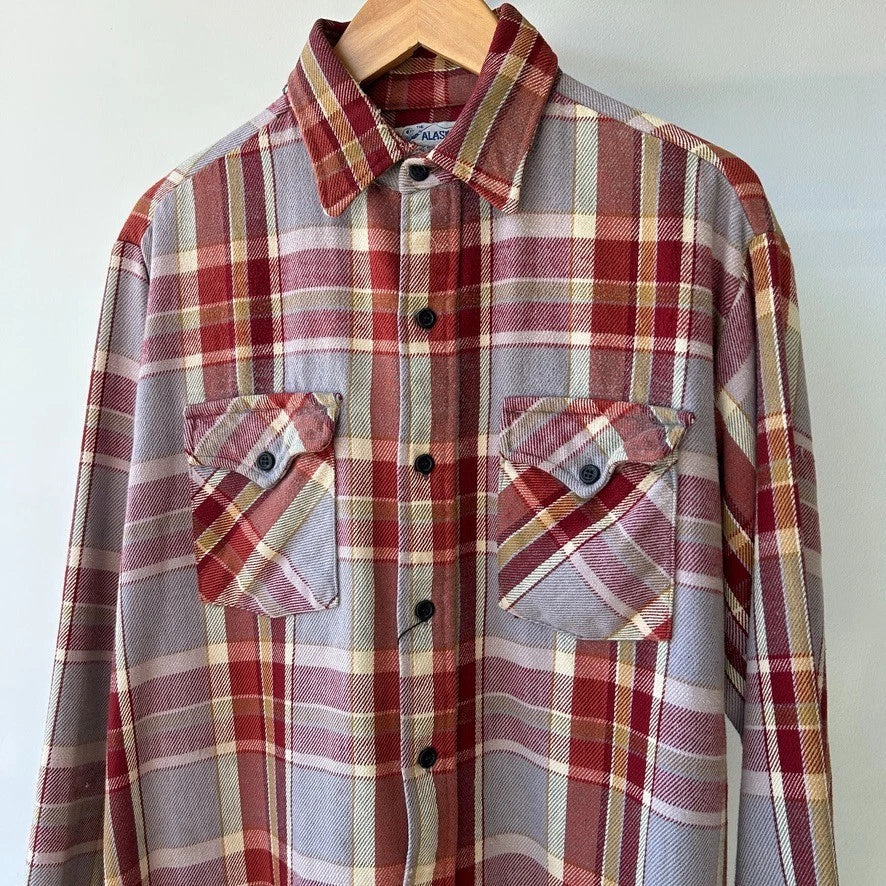 ALASKAN | 1960s - 70s Plaid Flannel Vintage Cotton Button Down Shirt sz L