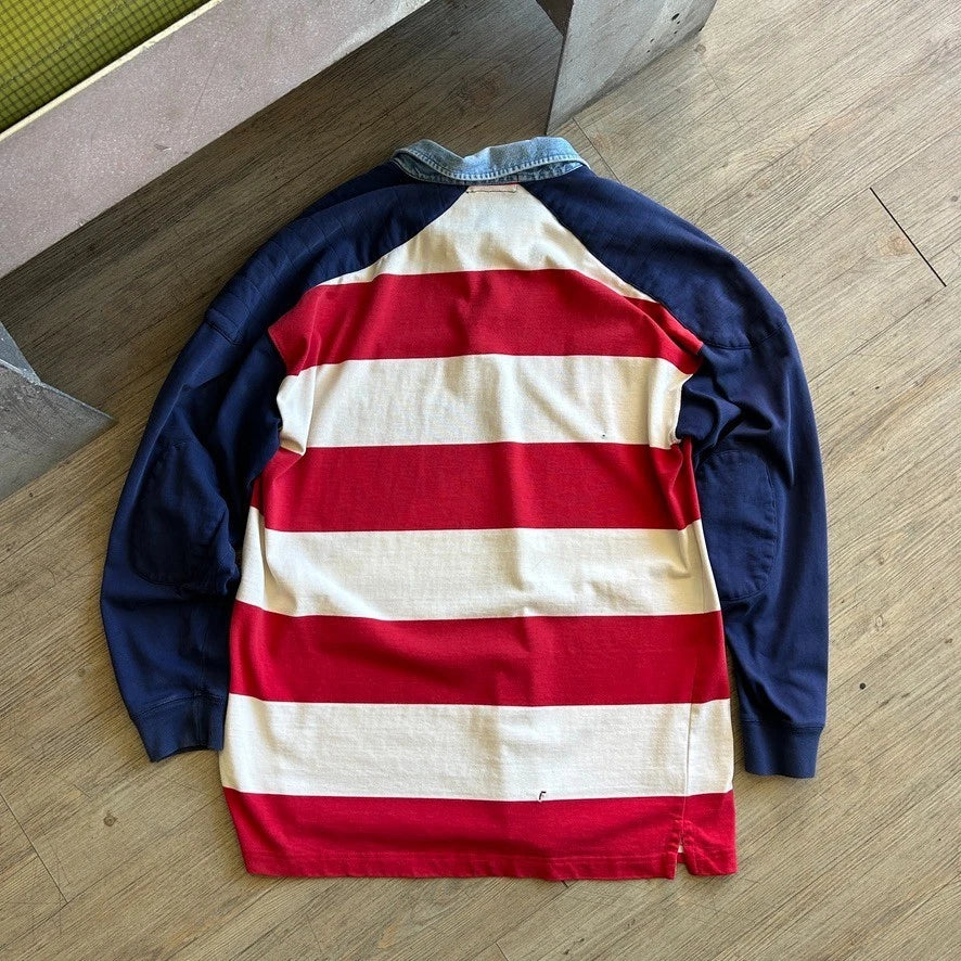 VINTAGE 90s | Ralph Lauren USA Flag Hi-Tech Striped Rugby Polo Sport Shirt sz L