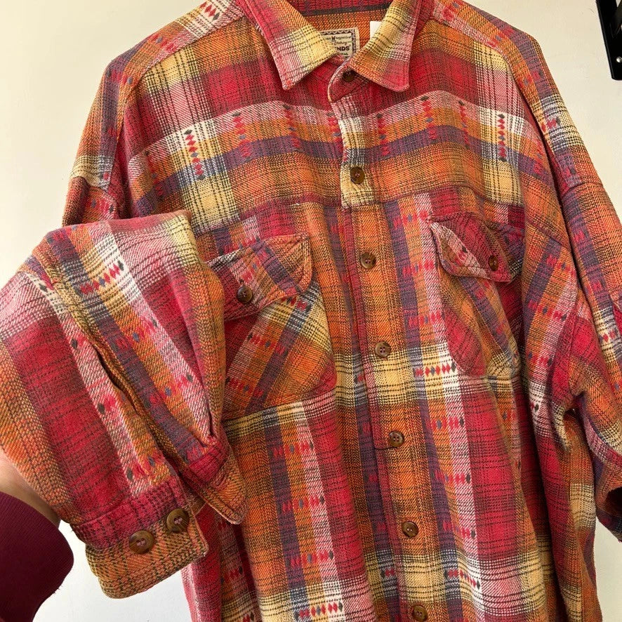 VINTAGE 90s | Weekends Plaid Western Flannel Cotton Button Down Shirt sz XXL