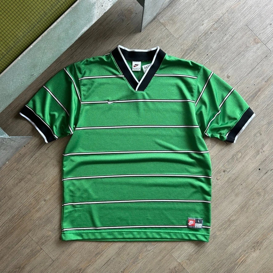1990s | NIKE Team Sports Striped Green V-Neck Jersey T-Shirt sz L/XL
