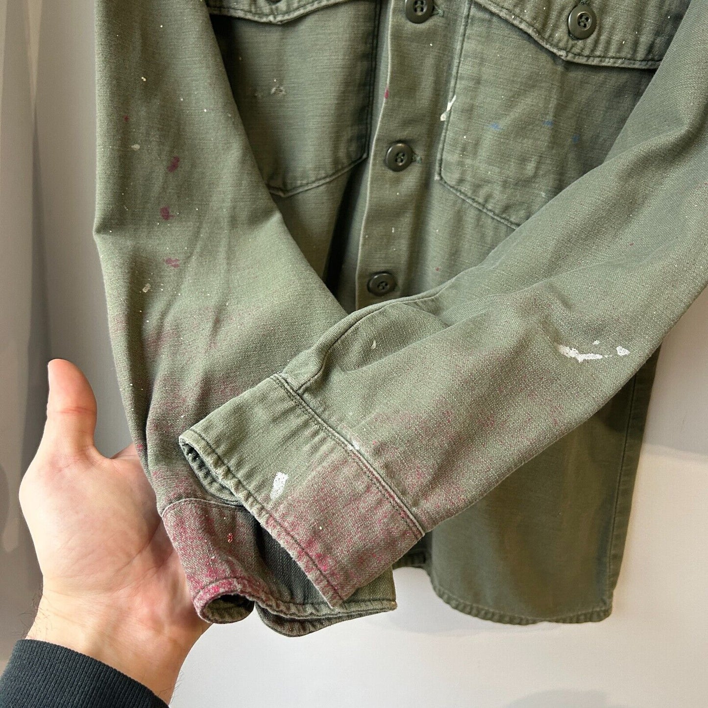 VINTAGE | OG 107 Paint Splatter Sateen Combat Button Down Shirt sz M/L