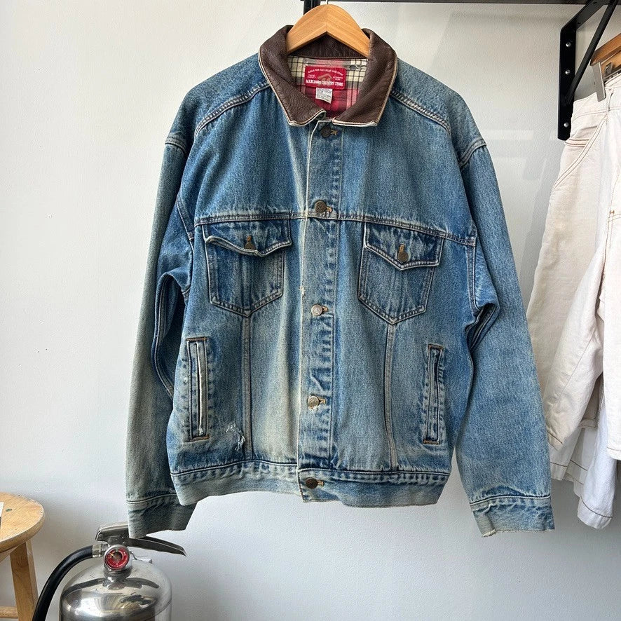 VINTAGE 90s | Marlboro Country Store Sun Faded Denim Trucker Jacket sz L
