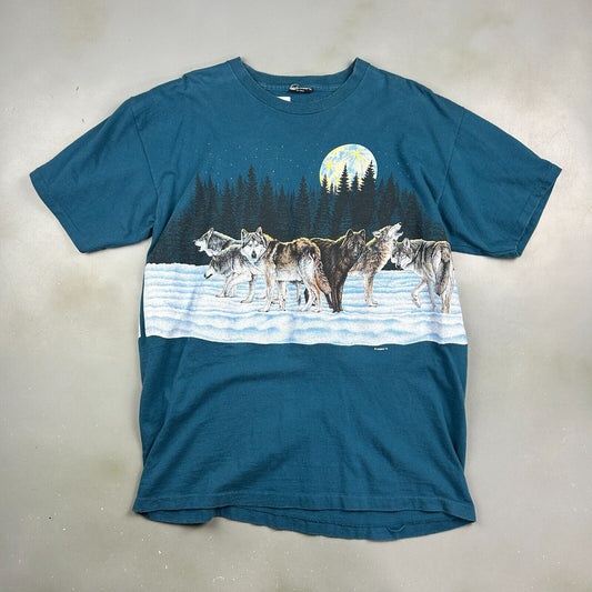 VINTAGE 90s | Habitat Winter Wolves Nature Wrap Print T-Shirt sz L Adult