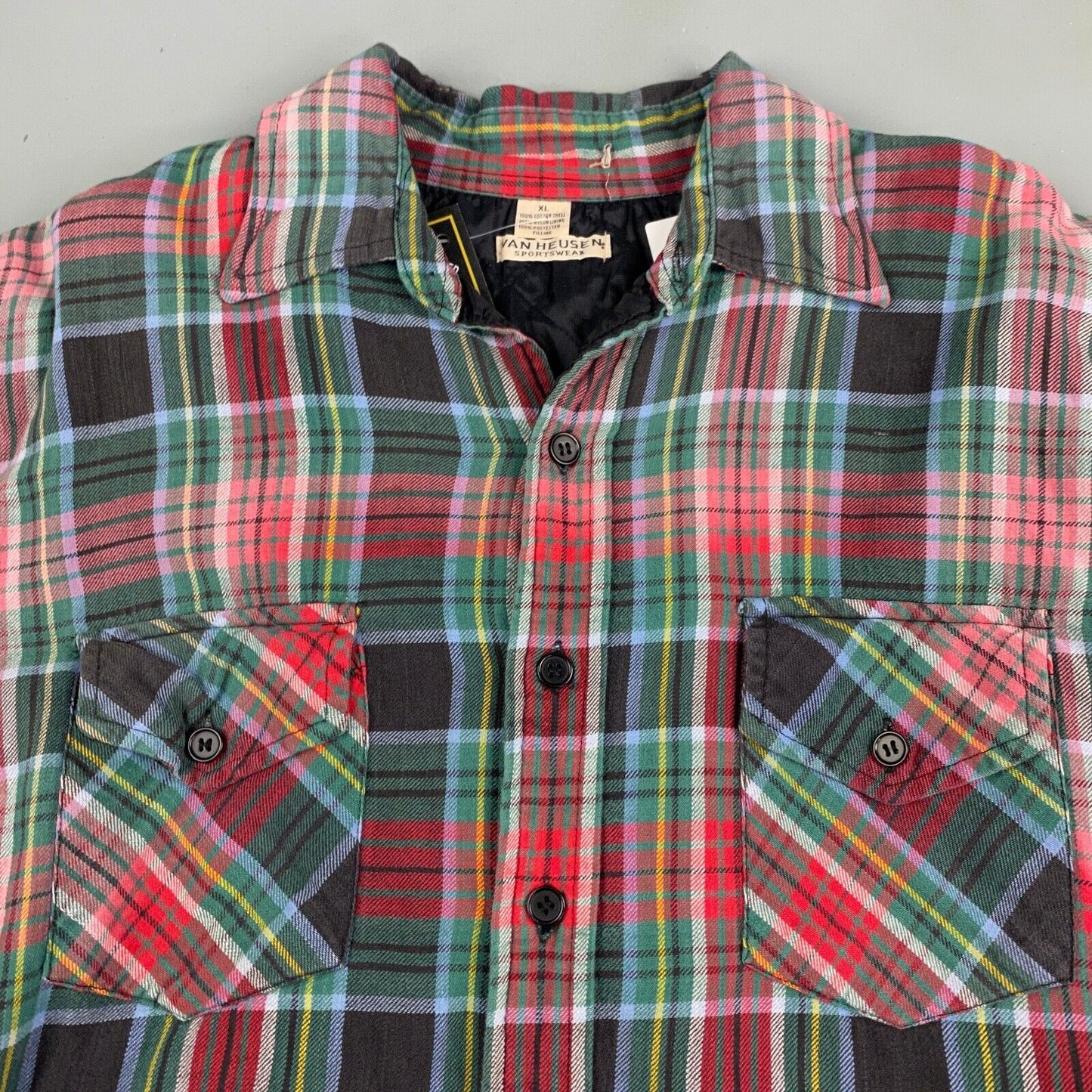 VINTAGE 90s Van Heusen Faded Plaid Flannel Lined Button Up Shirt sz XL Adult
