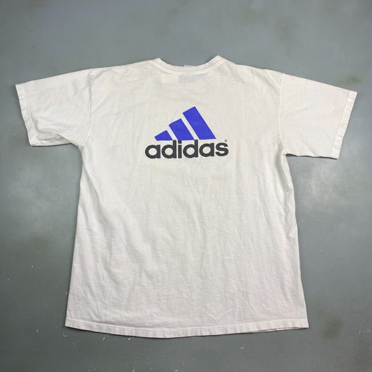 VINTAGE 90s Adidas Big Logo White T-Shirt sz Large Men MadeinUSA