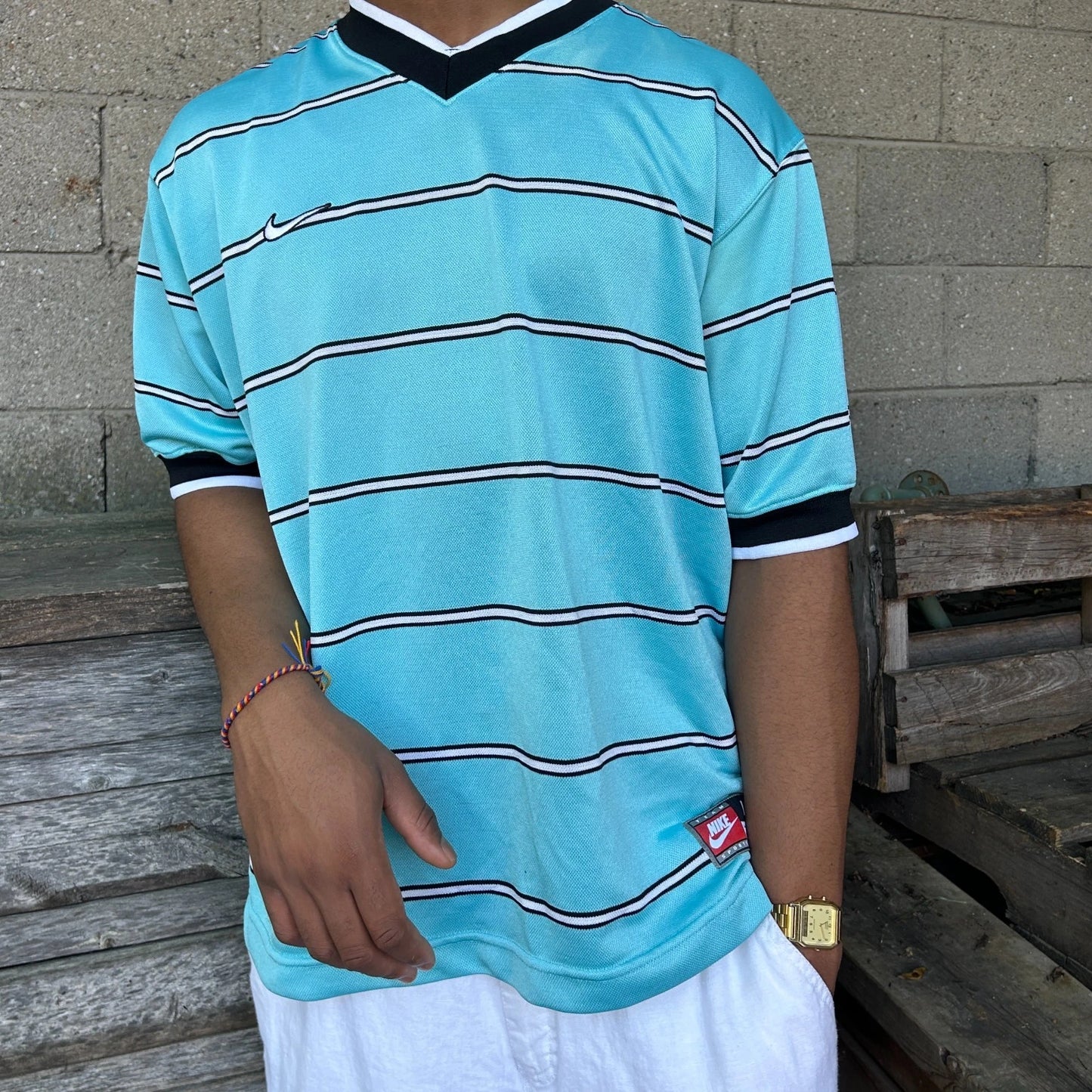 1990s | NIKE Team Sports Striped Teal Blue V-Neck Jersey T-Shirt sz L/XL
