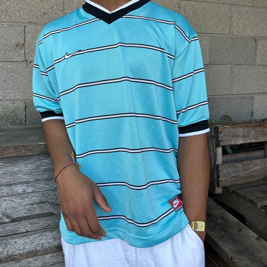 1990s | NIKE Team Sports Striped Teal Blue V-Neck Jersey T-Shirt sz L/XL