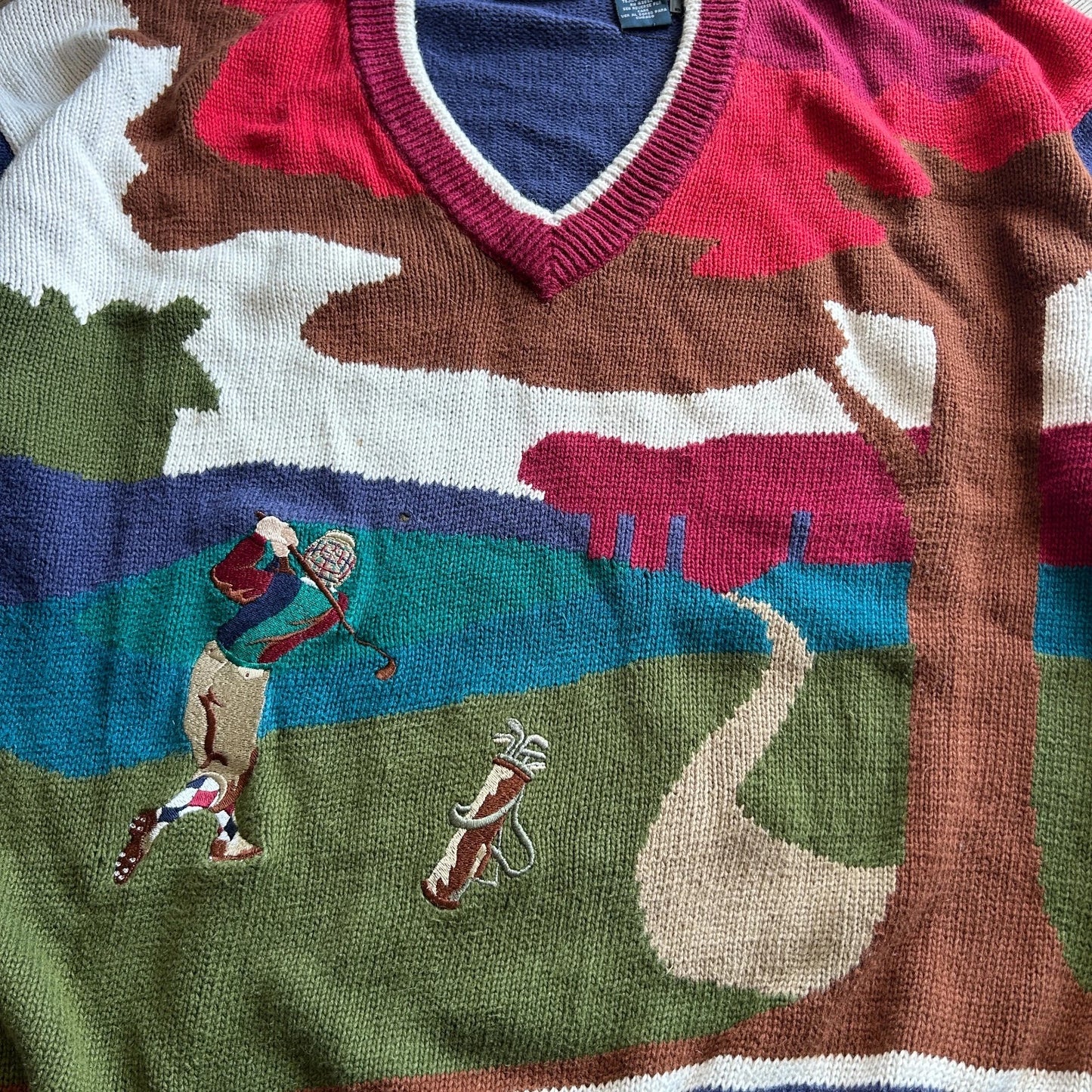 PAR FOUR | GOLF Shot Embroidered Artwork Vintage V-Neck Knit Sweater sz XL