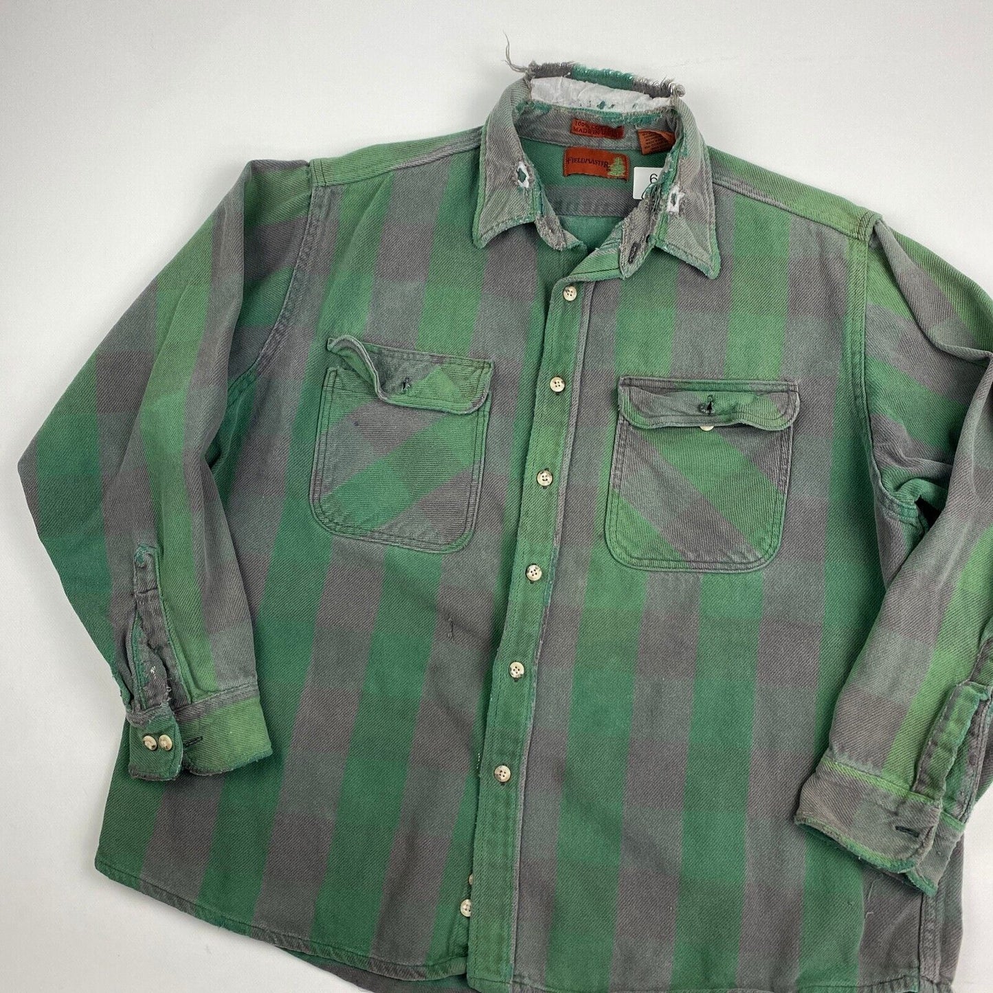 VINTAGE 90s Fieldmaster Faded Green Striped Thrashed Button Up Shirt sz XXL Men