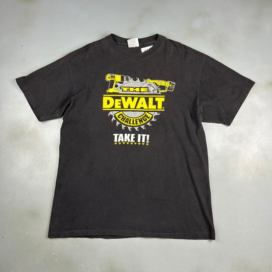 VINTAGE 90s DeWALT Challenge Cordless Not Gutless Black T-Shirt sz Large Adult