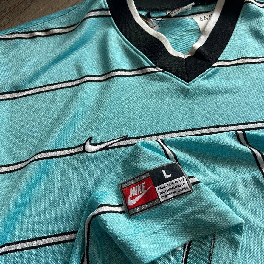 1990s | NIKE Team Sports Striped Teal Blue V-Neck Jersey T-Shirt sz L/XL