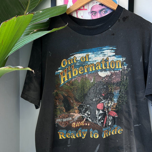 VINTAGE 90s | Harley Davidson Hibernation Biker Bear Thrashed T-Shirt sz L