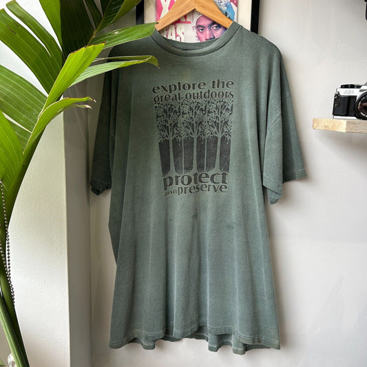VINTAGE 90s | Explore Outdoors Protect & Preserve Faded Green T-Shirt sz XL
