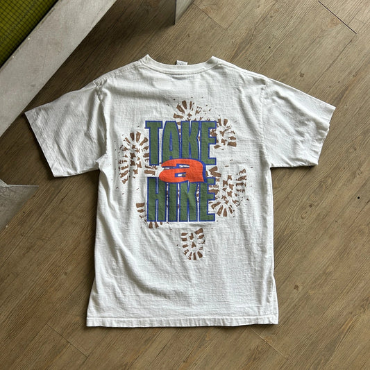 VINTAGE 90s | Take A Hike Boot Prints Columbia Sportswear T-Shirt sz L