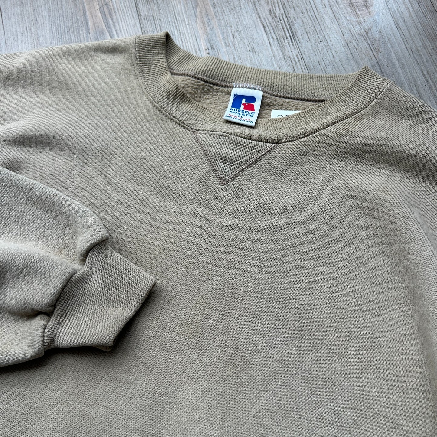 VINTAGE 90s | Russell Athletic Faded Tan Crew Sweater Made in USA sz XL