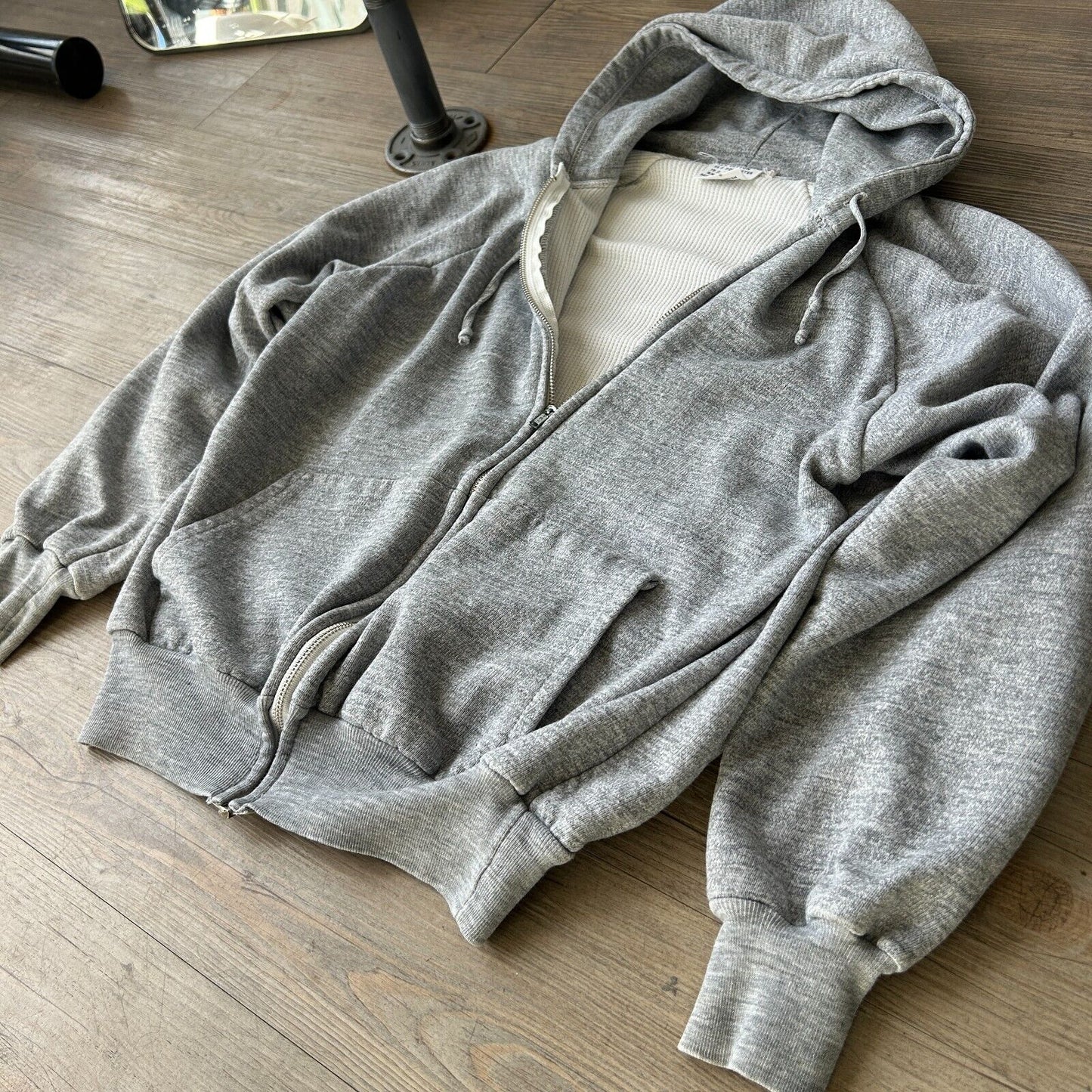 VINTAGE 70s 80s | Blank Grey Zip Up Hoodie Thermal Lined Sweater sz S