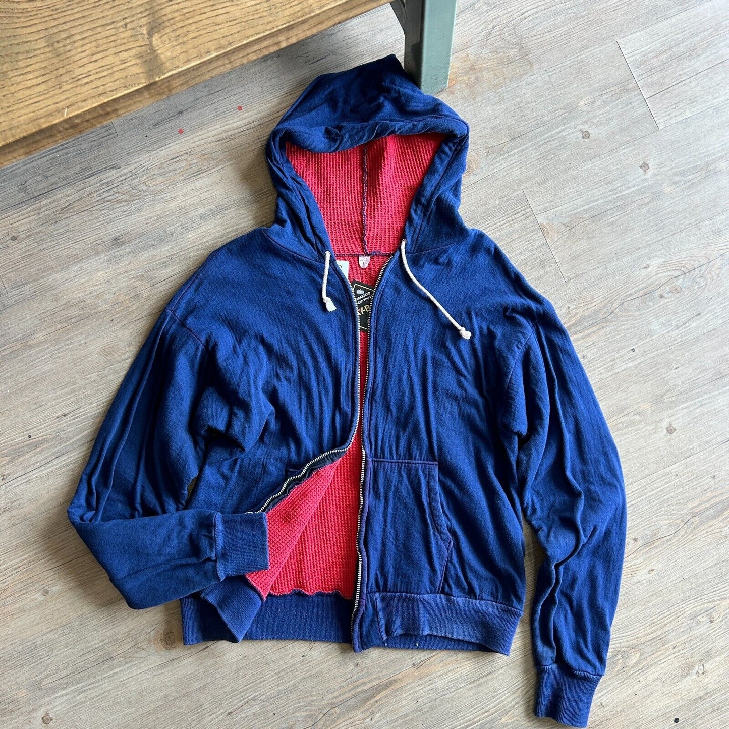 VINTAGE 60s 70s | Blank Red Thermal Lined Navy Zip Up Hoodie Sweater sz S Adult