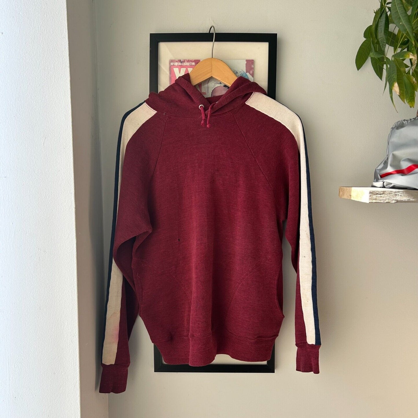 VINTAGE 80s Burgundy Blank Red Raglan Hoodie Sweater sz S Mens