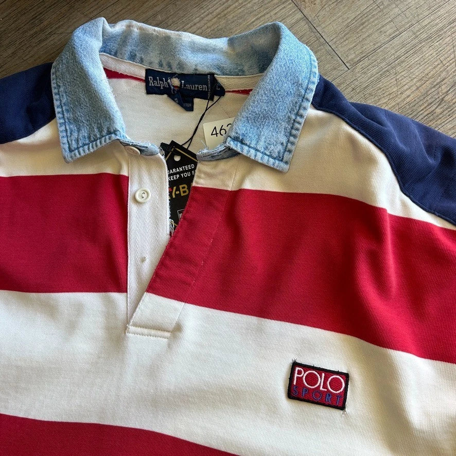 VINTAGE 90s | Ralph Lauren USA Flag Hi-Tech Striped Rugby Polo Sport Shirt sz L