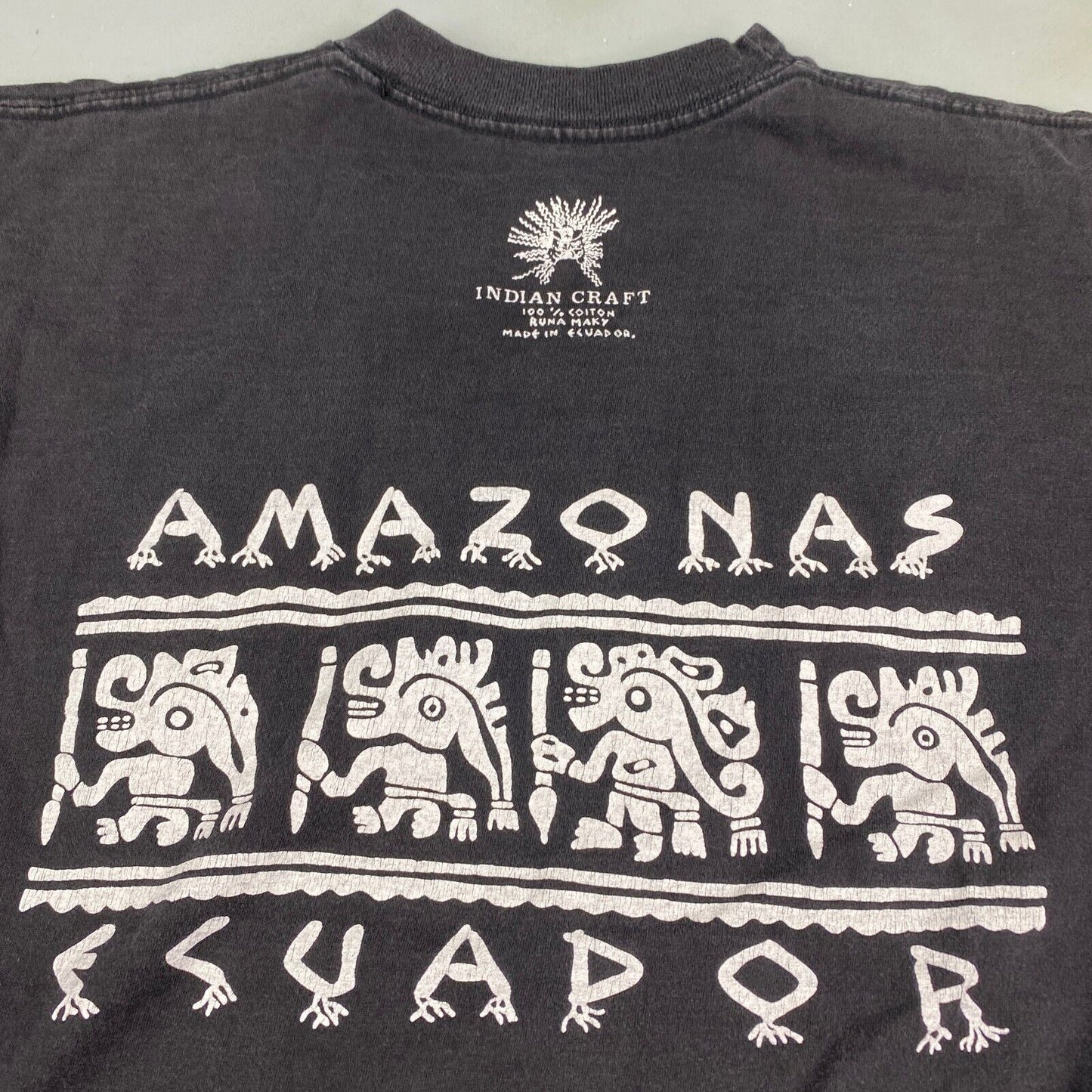 VINTAGE 90s Indian Craft Amazonas Ecuador Black T-Shirt sz Medium Men Adult
