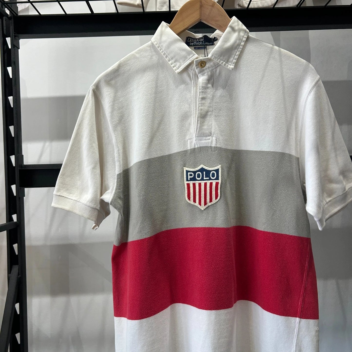 VINTAGE 90s | Polo by Ralph Lauren K-Swiss Crest Stadium Striped Polo Shirt sz M