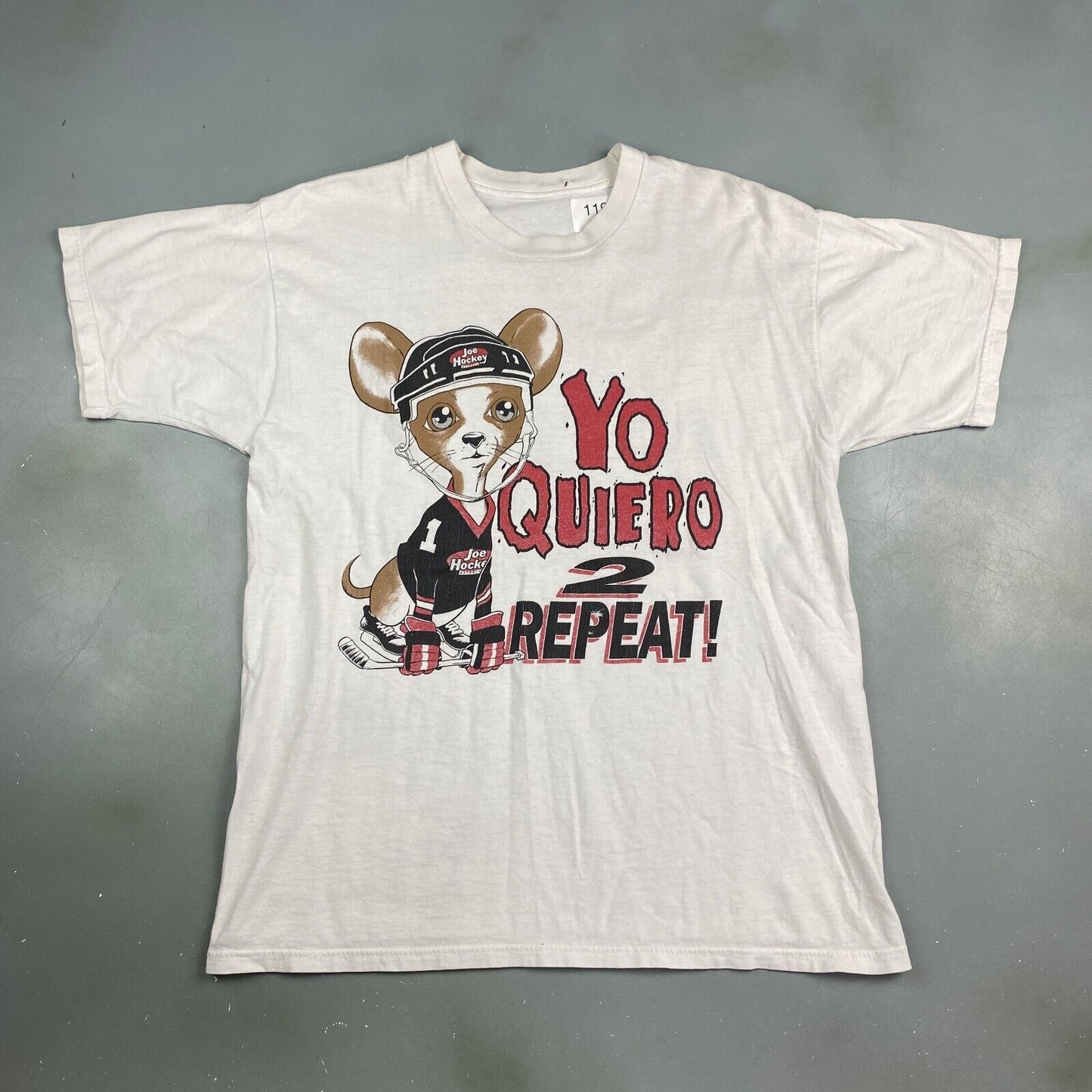 VINTAGE 90s Joe Hockey Yo Quiero 2 Repeat White T-Shirt sz Medium Adult