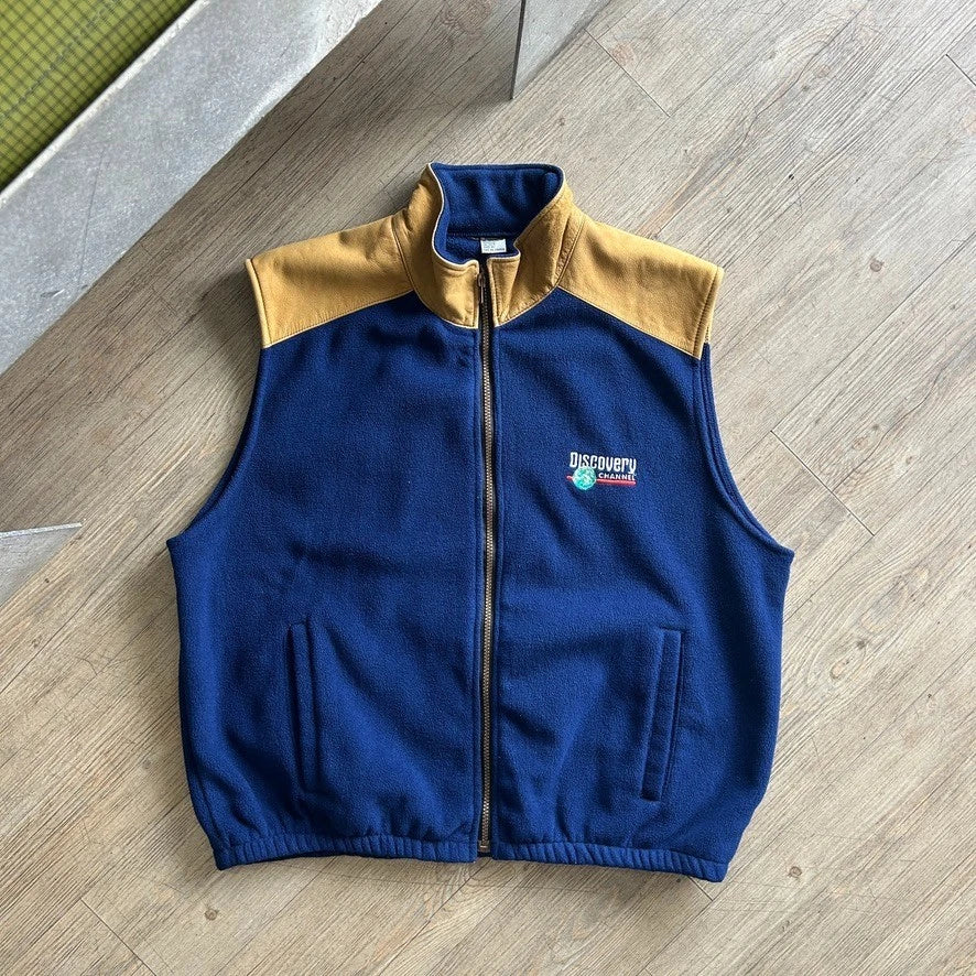 VINTAGE | Discovery Channel Leather Western Yoke Fleece Vest Jacket sz L/XL