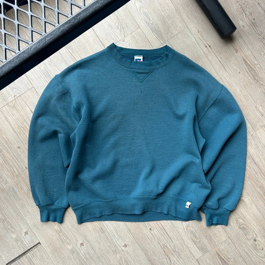 VINTAGE 90s | Russell Athletic Faded Blank Teal Blue Crewneck Sweater sz L
